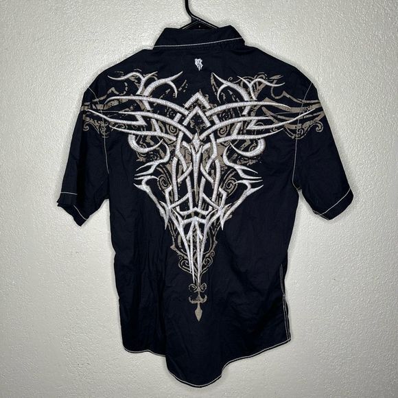 ROAR Men's Black Heavy Embroidered Short Sleeve Button Up Shirt Size L - Picture 4 of 5